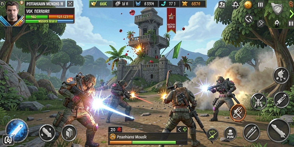 Screenshot gameplay 66K dengan aksi menara pertahanan yang intens.