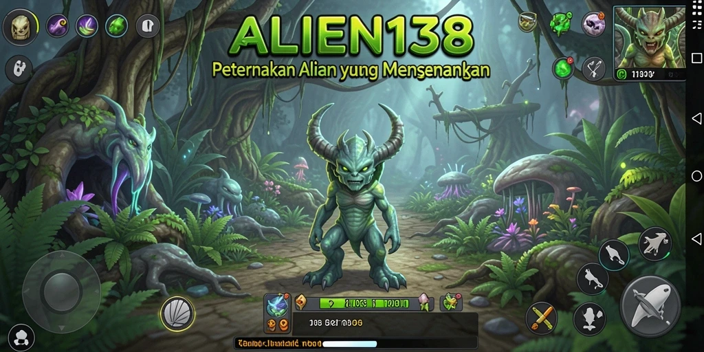Screenshot utama gameplay ALIEN138 dengan pertanian alien yang unik.