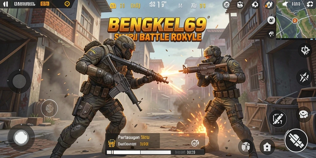 Tampilan seru gameplay BENGKEL69 saat bertarung di arena Battle Royale.