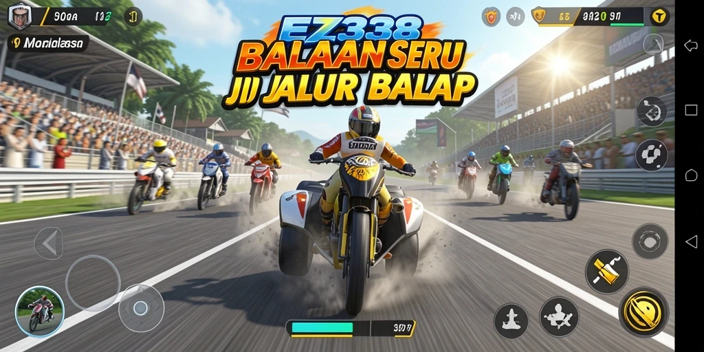 Tampilan screenshot utama EZ338 menampilkan aksi balapan mendebarkan dengan mobil cepat.