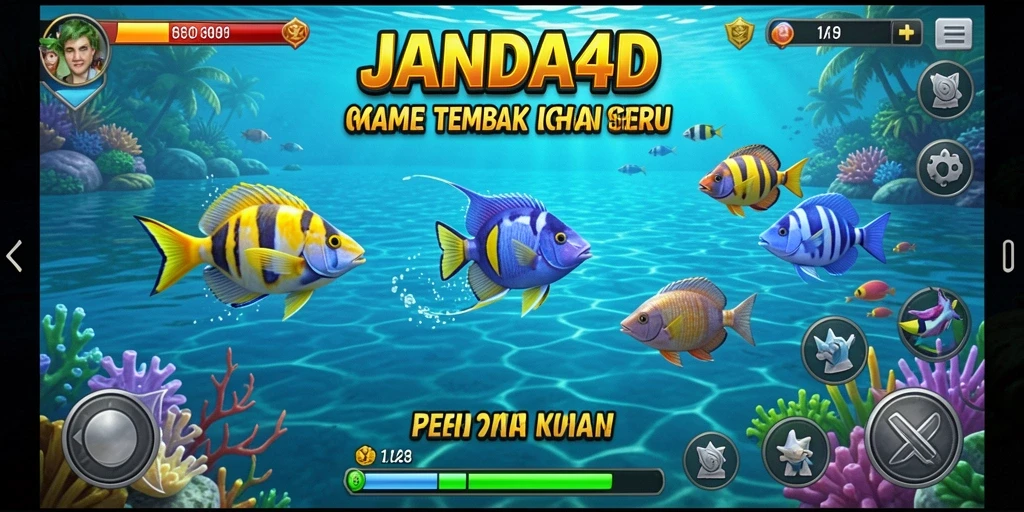 Screenshot gameplay JANDA4D menampilkan aksi seru menembak ikan di lautan.