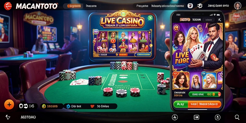 Screenshot gameplay Live Casino menunjukkan dealer profesional dan suasana yang mendebarkan.