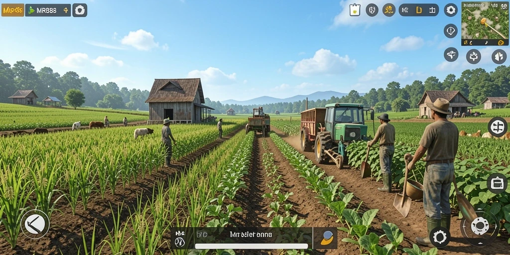 Screenshot gameplay <strong>MR888</strong> menampilkan aktivitas bertani yang seru dan grafis yang menarik.