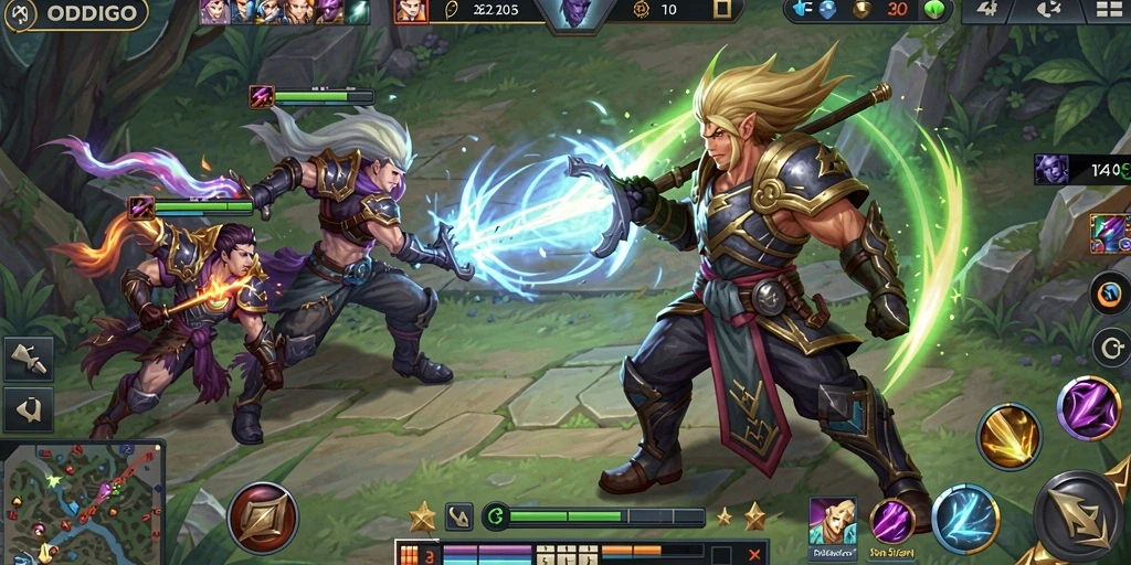 Screenshot ODDIGO menampilkan pertarungan seru antar karakter di arena MOBA.