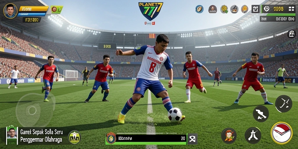 Tampilan gameplay seru dari PLANET77 saat pertandingan sepak bola.