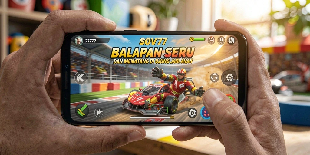 Tangkapan layar gameplay SOV777 saat balapan di trek penuh tantangan.