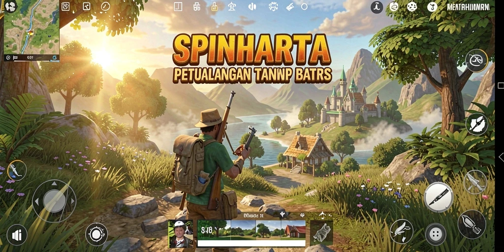 Tampilan dinamis gameplay SPINHARTA di dunia terbuka yang luas.